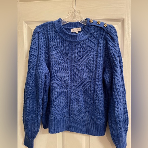 Royal blue sweater with gold flowers on left shoulder - Picture 2 of 4